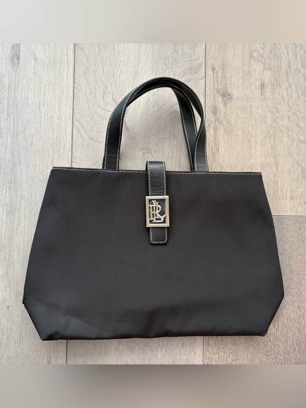 Vintage 90s Lauren Ralph Lauren Black Nylon Tote Bag Silver LRL Buckle Y2K Purse